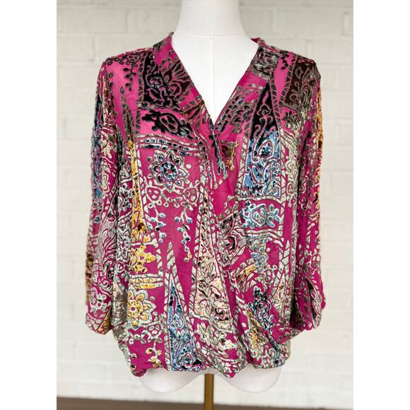 Floreat Anthropologie Velvet Silk Blend Top Pink Multicolor Boho Chic Blouse M - Picture 1 of 10